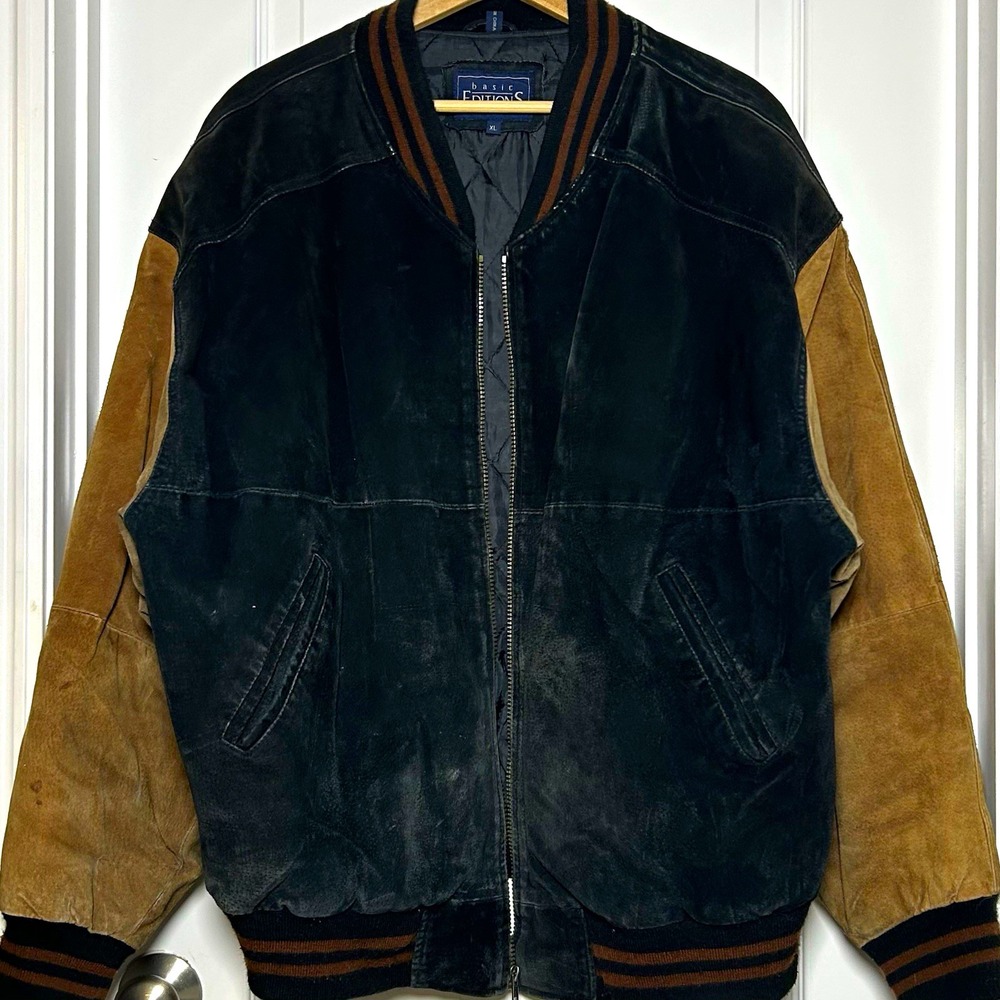 Basic Editions Vintage 90s Genuine Leather Black Brown Quilted Bomber Jacket